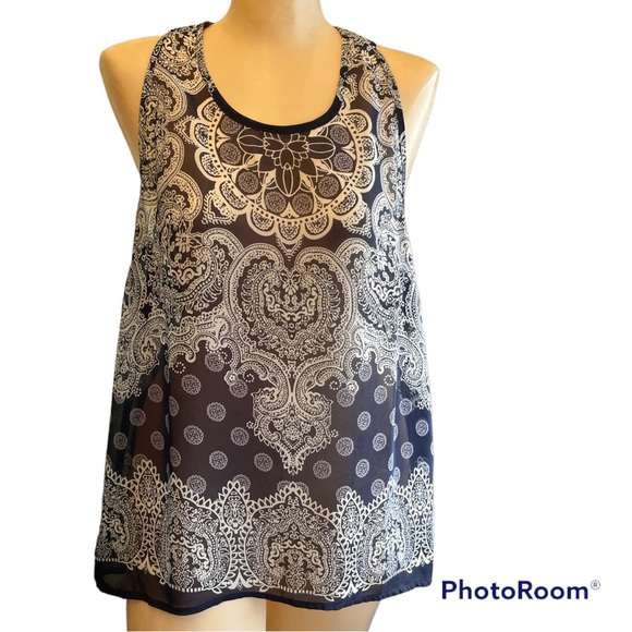 Elodie Tops - Elodie Sheer Sleeveless Bandana Print Blouse with Cut Out String Back